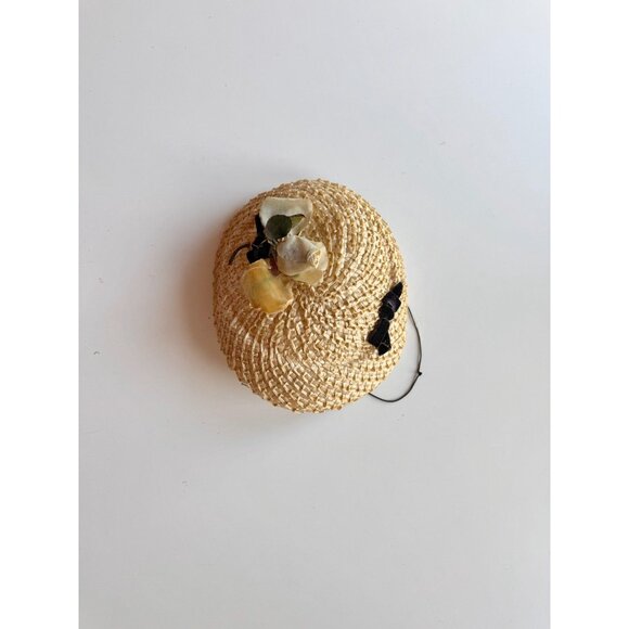 Vintage Raffia Straw Black Velvet Ribbon Yellow Faux Flower Juliet Hat - Picture 6 of 15